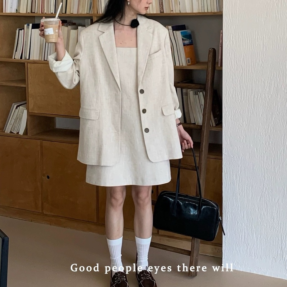 Oversized Beige Linen and Cotton Blazer